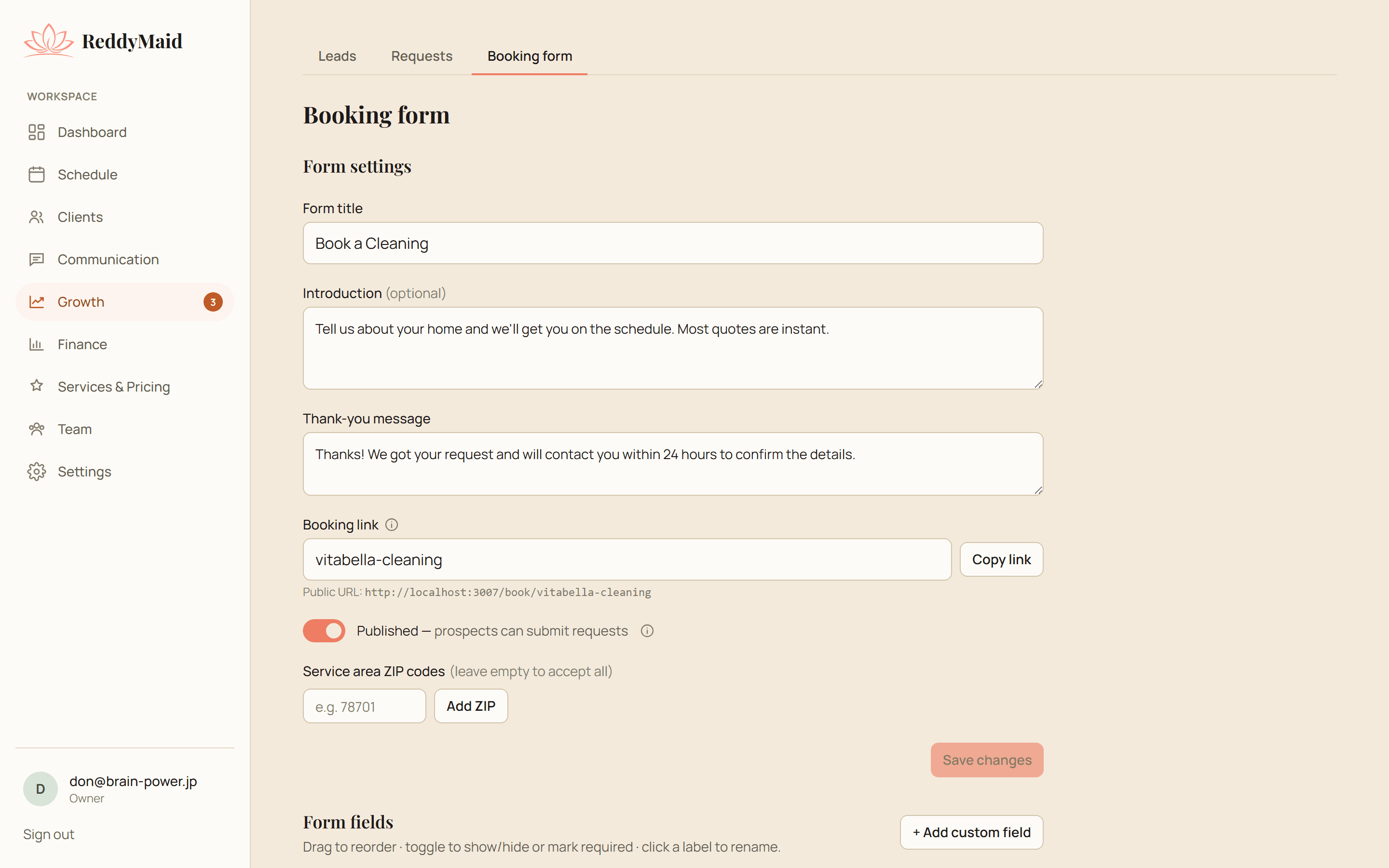 ReddyMaid public booking-form builder