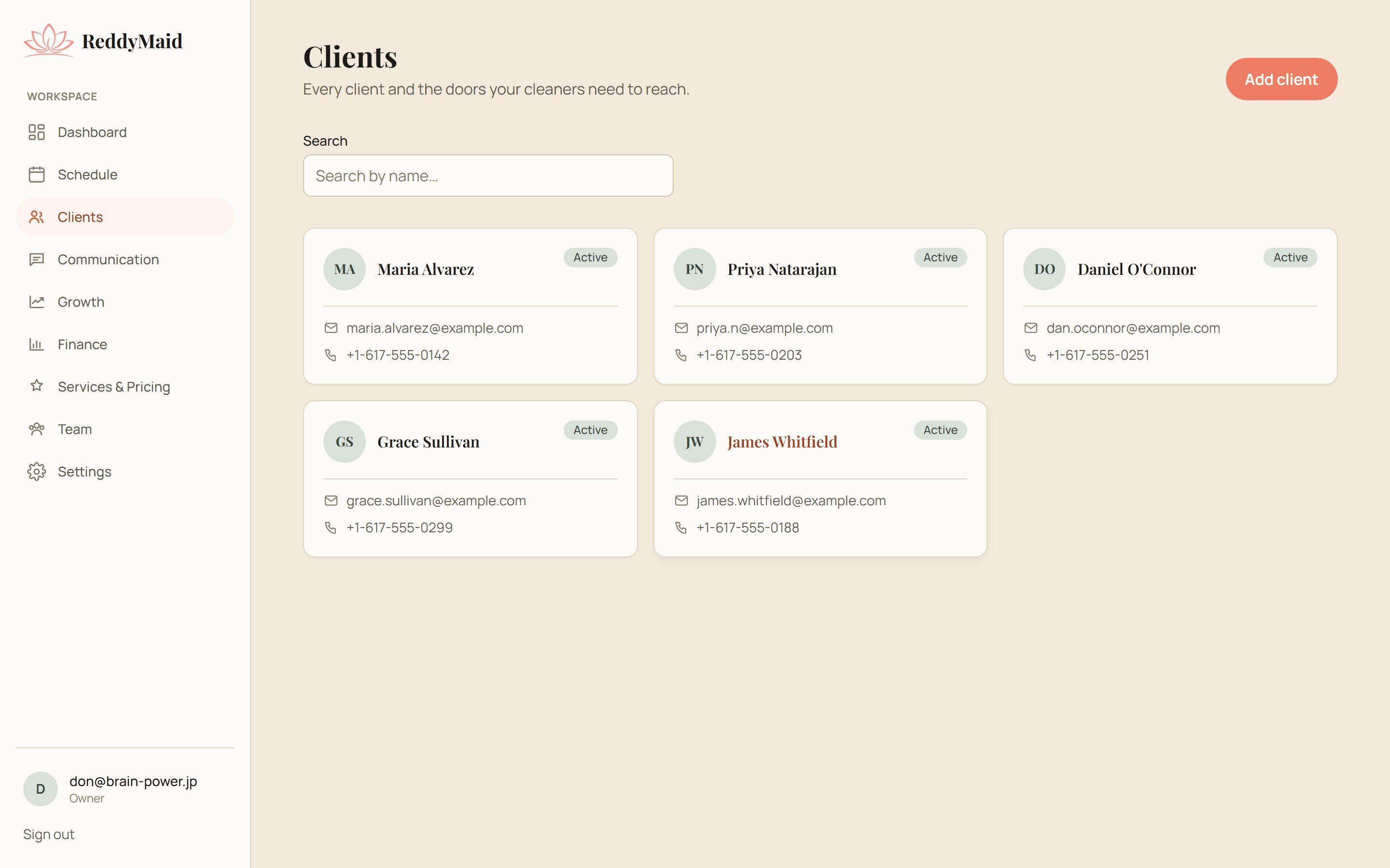 ReddyMaid client list with contact and property details