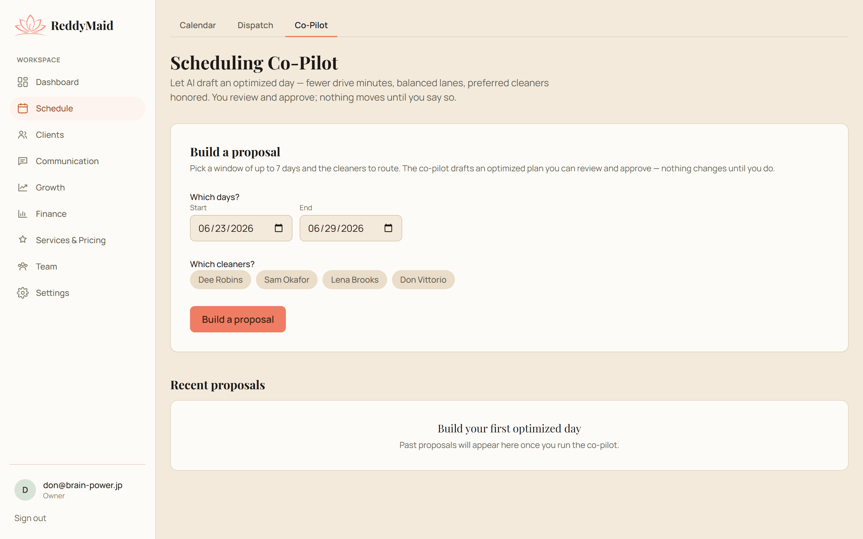 ReddyMaid AI Scheduling Co-Pilot proposing a route-optimized day for each cleaner