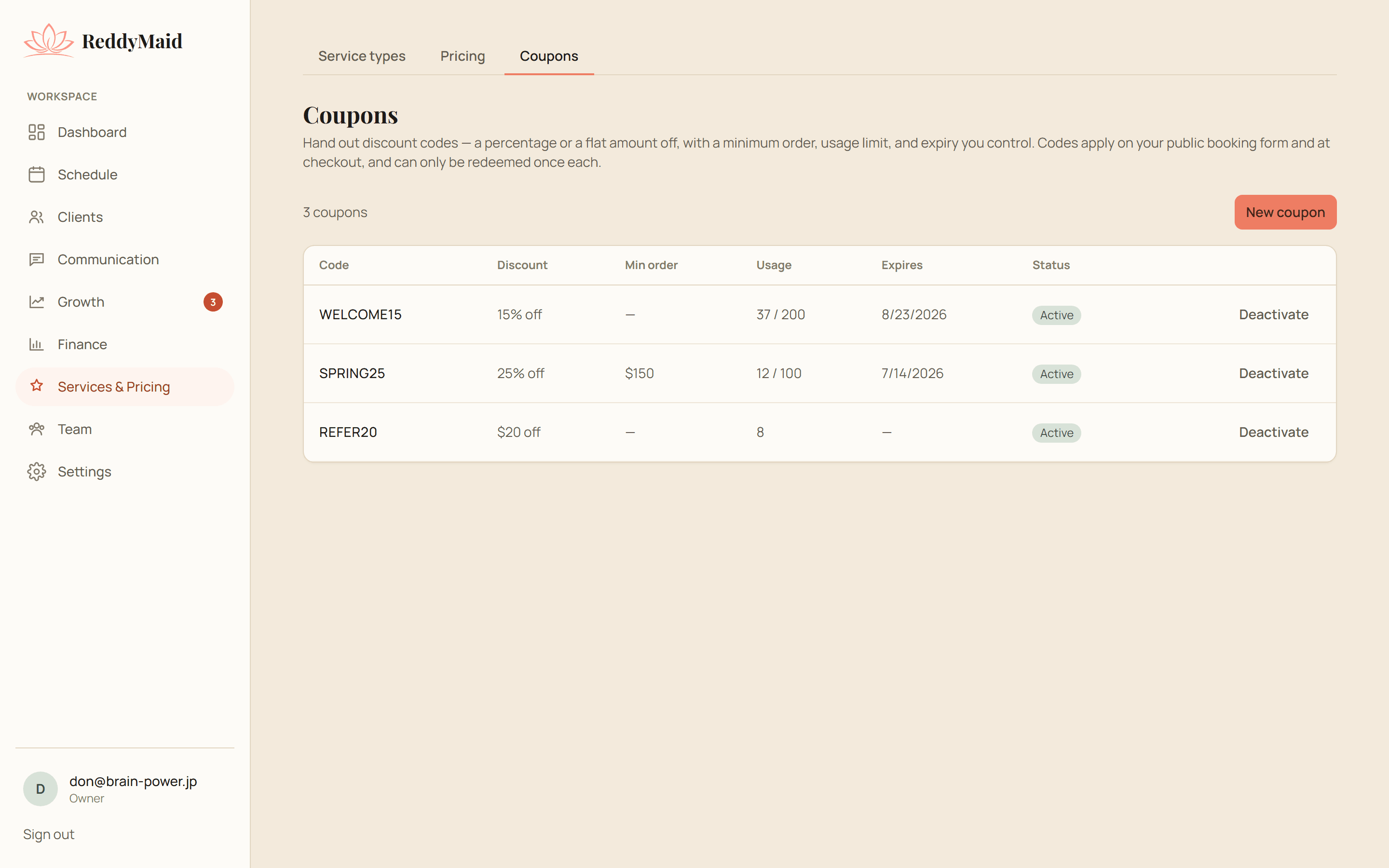 ReddyMaid coupons manager with percentage and flat codes