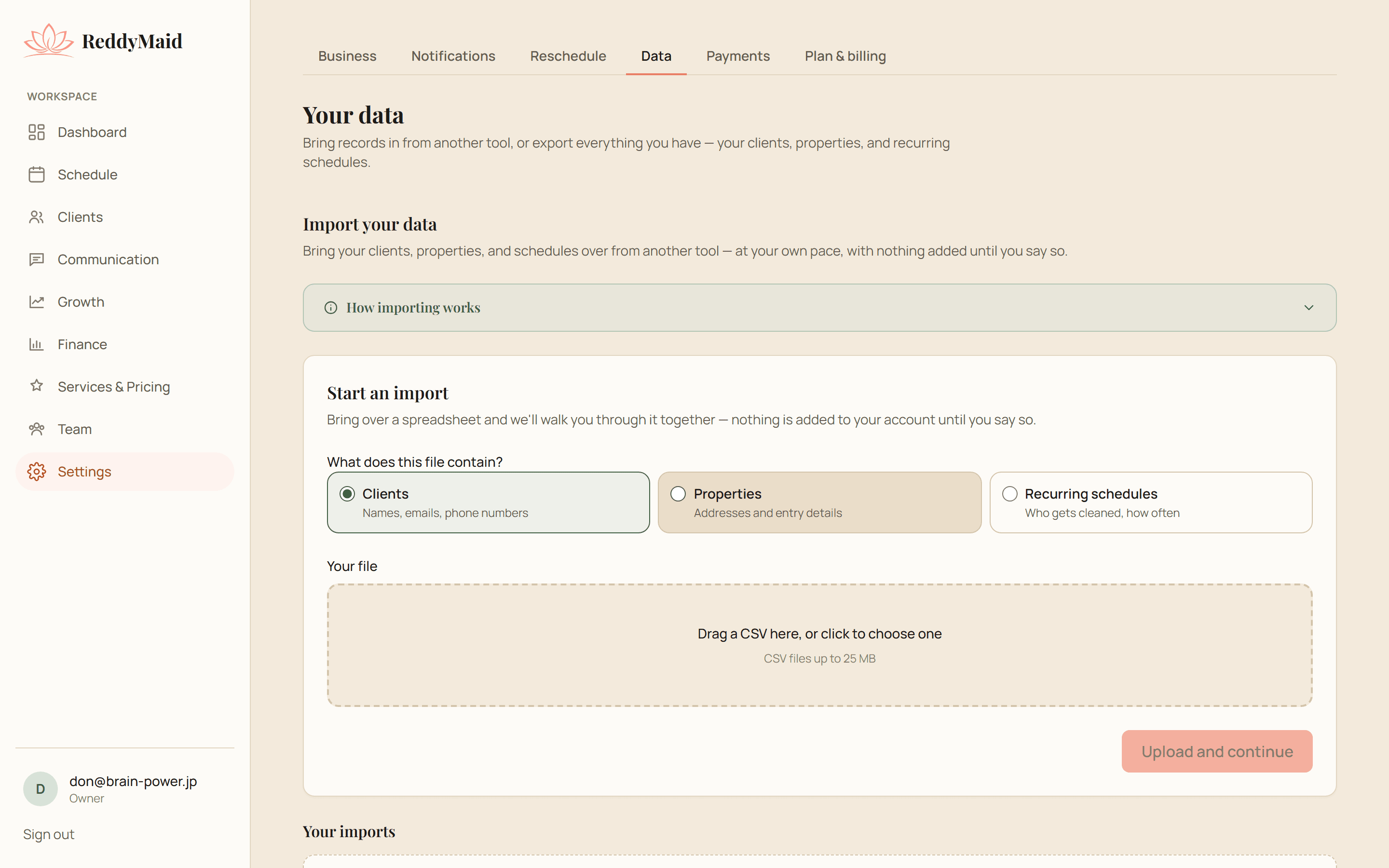 ReddyMaid one-click data export