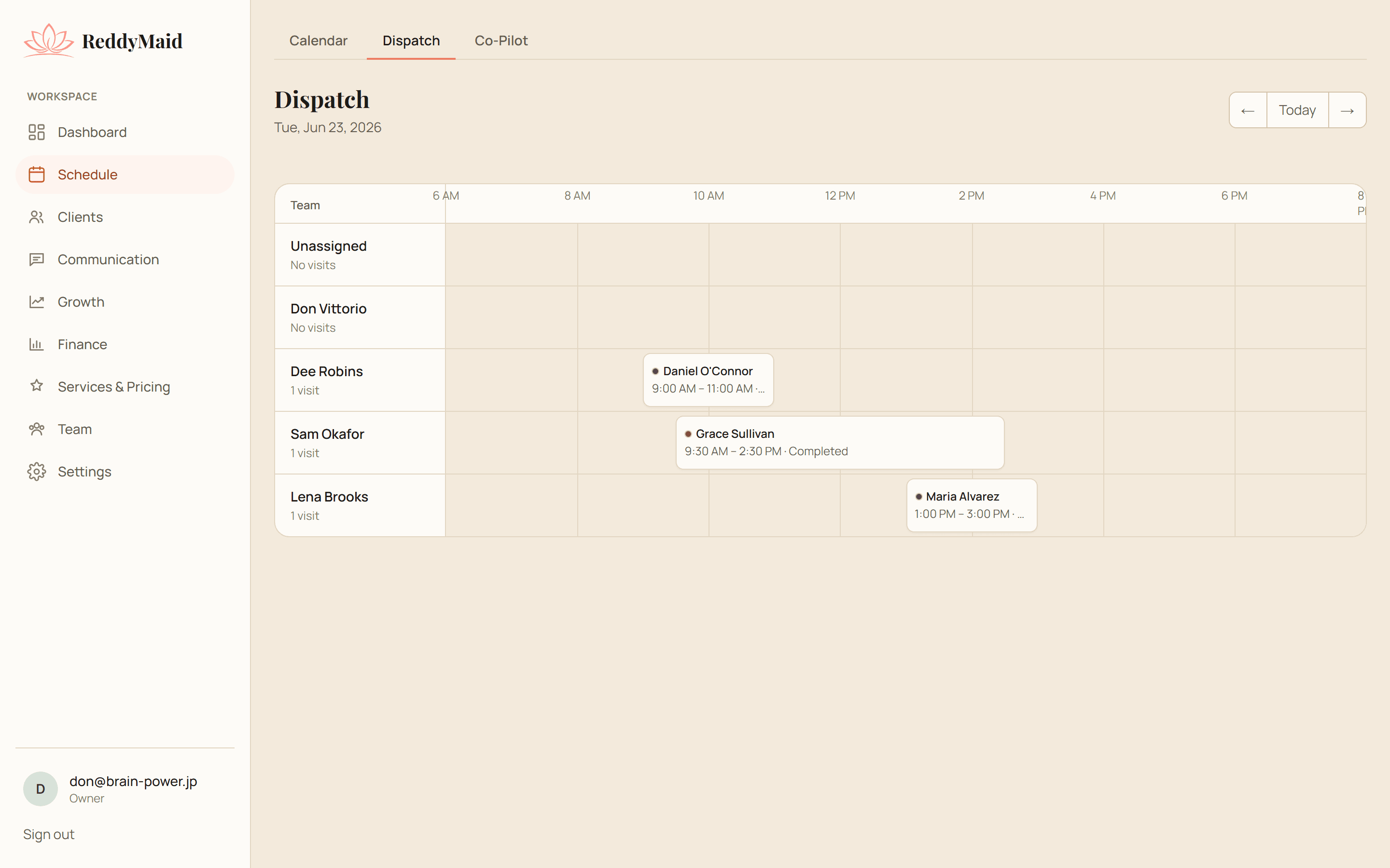 ReddyMaid dispatch board assigning jobs to cleaners across the day