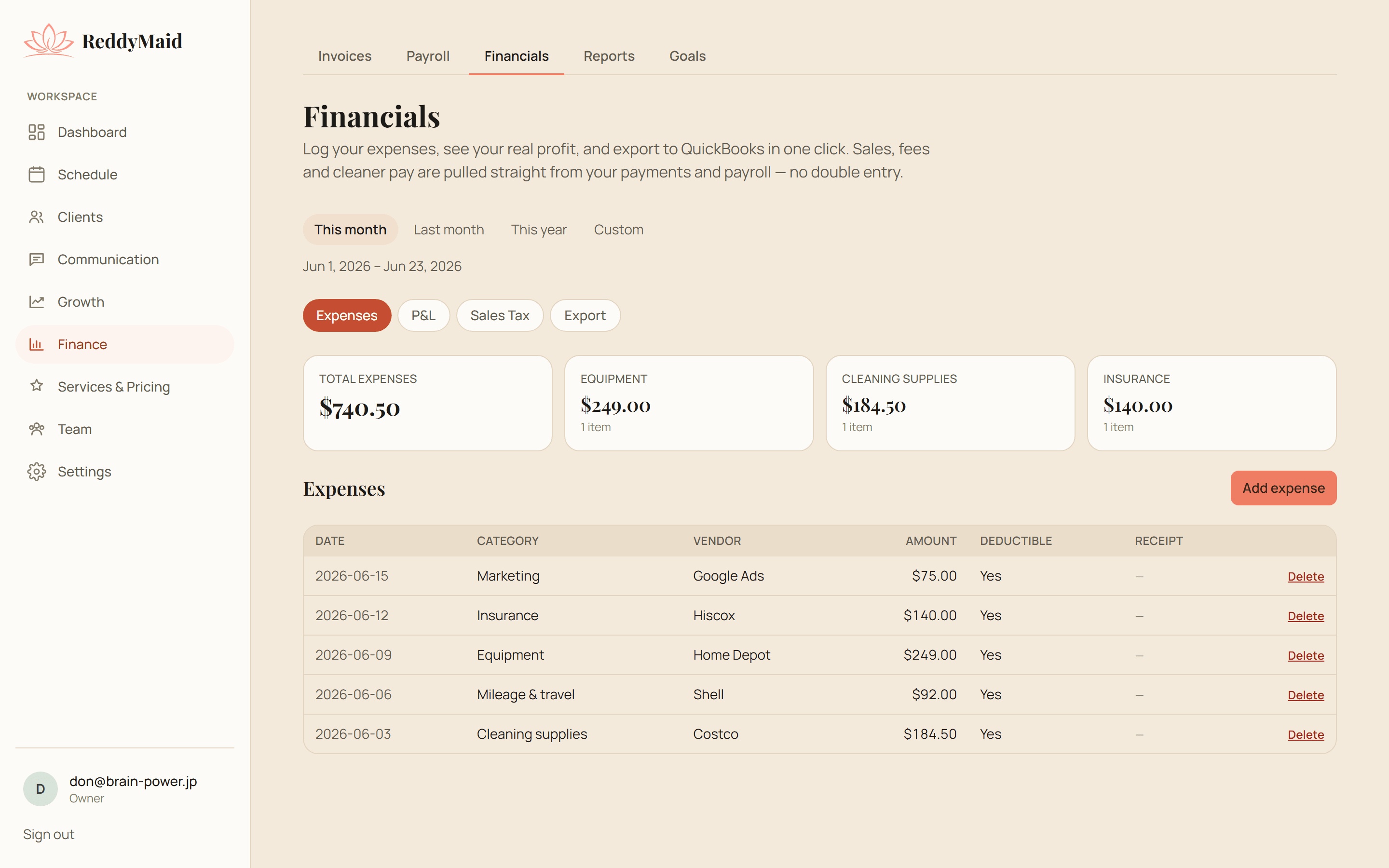 ReddyMaid financials: profit & loss with expenses