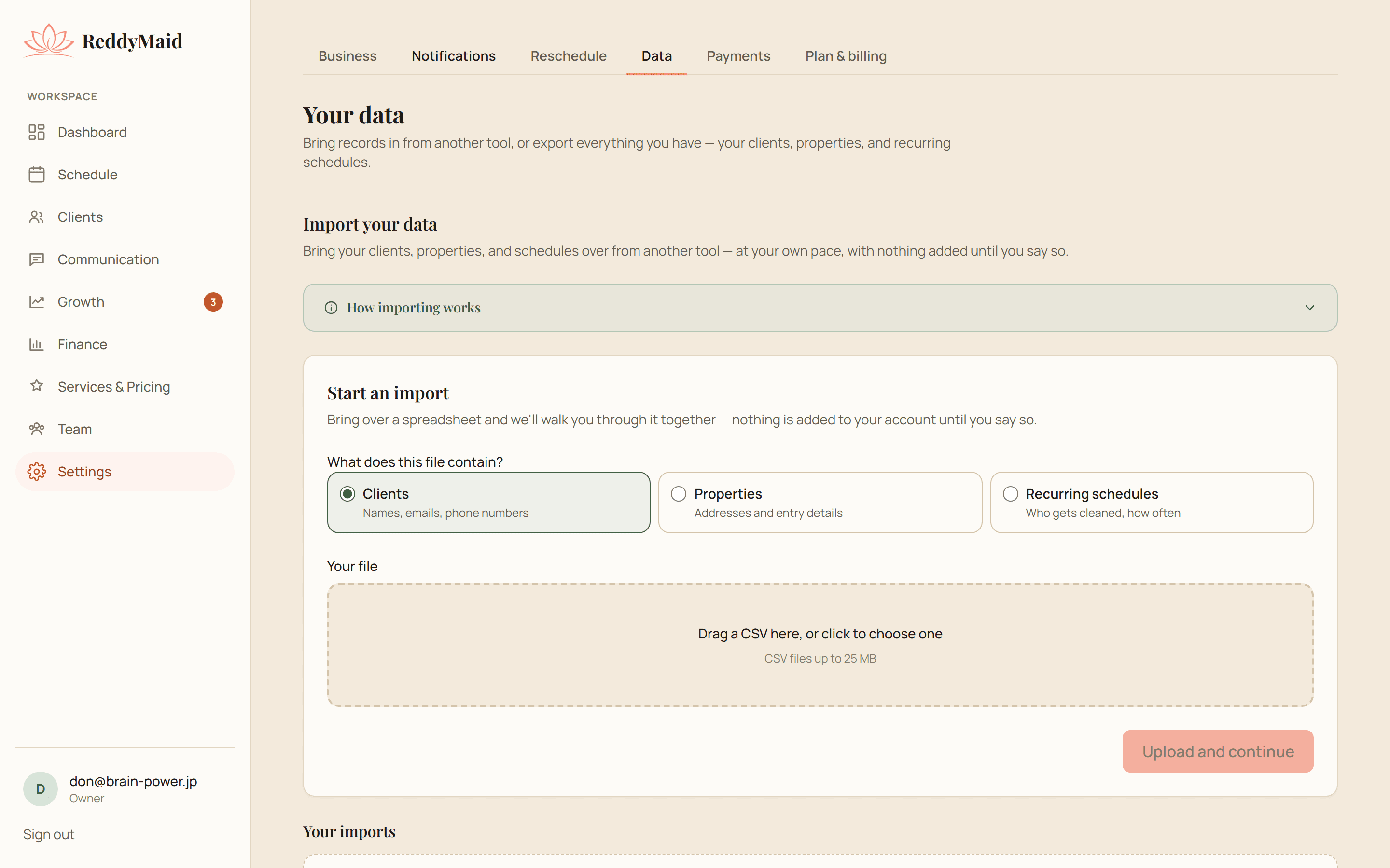 ReddyMaid guided CSV import wizard