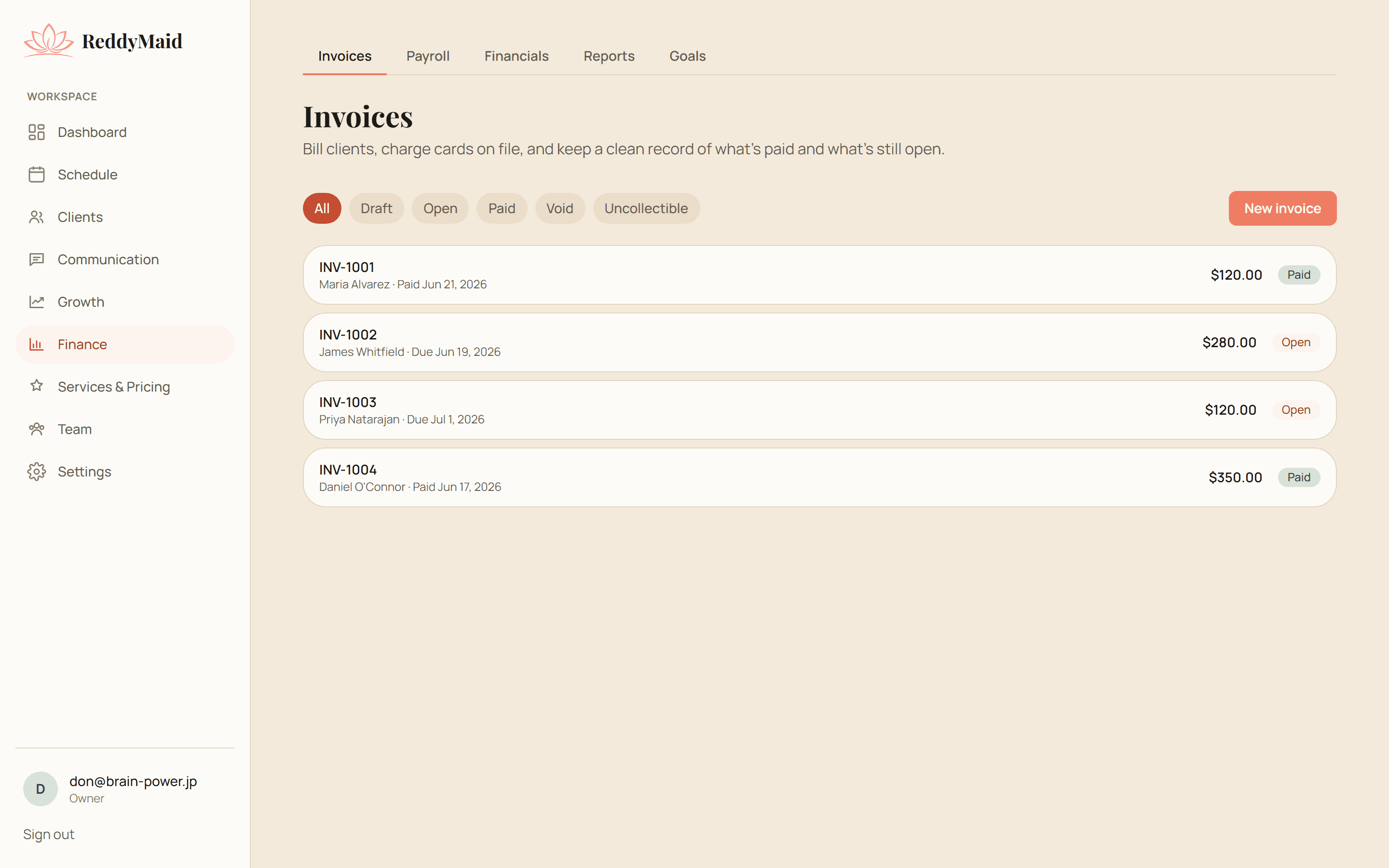 ReddyMaid invoices — clients billed, cards taken, payments tracked