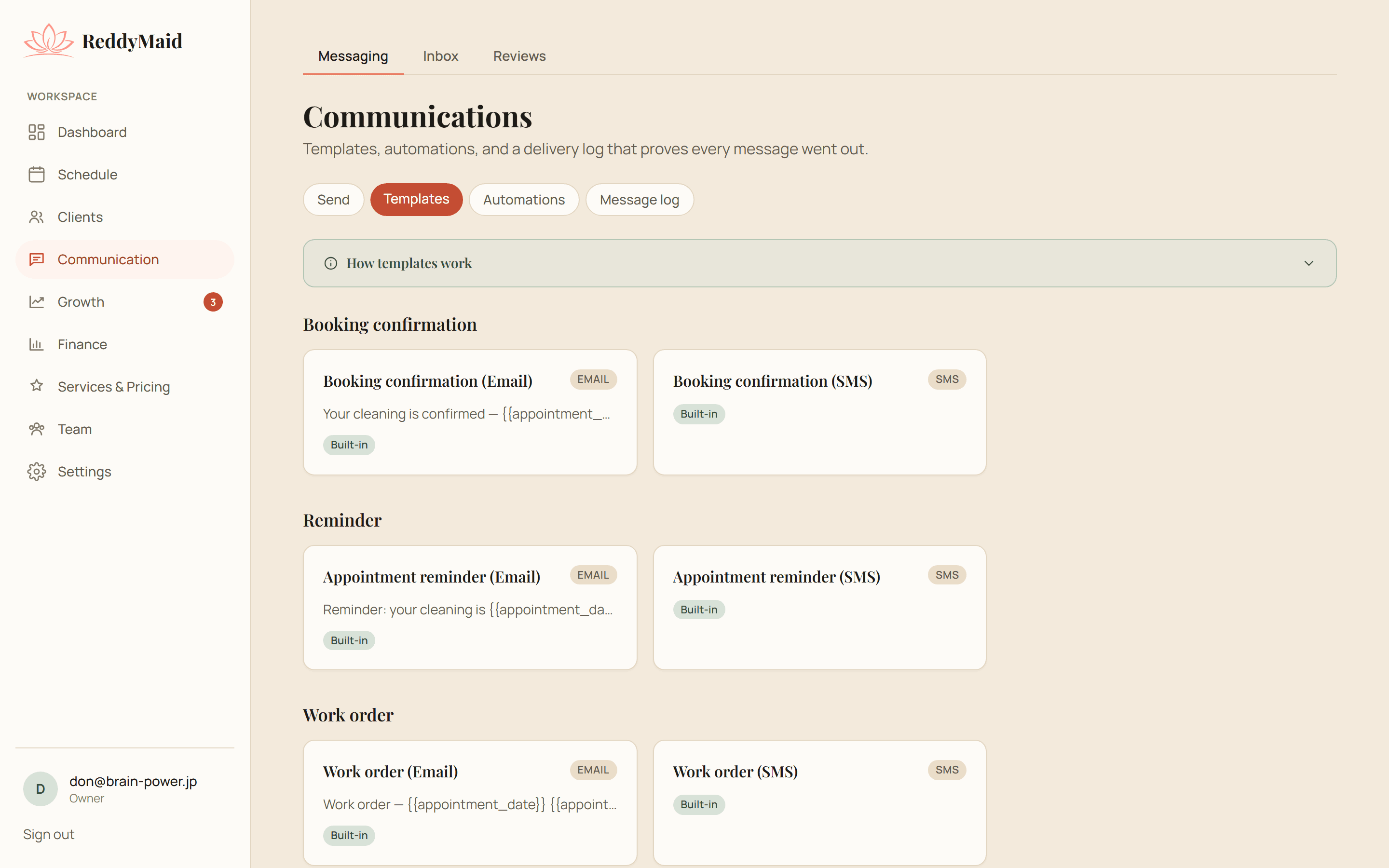 ReddyMaid messaging hub with reminder templates and a delivery log