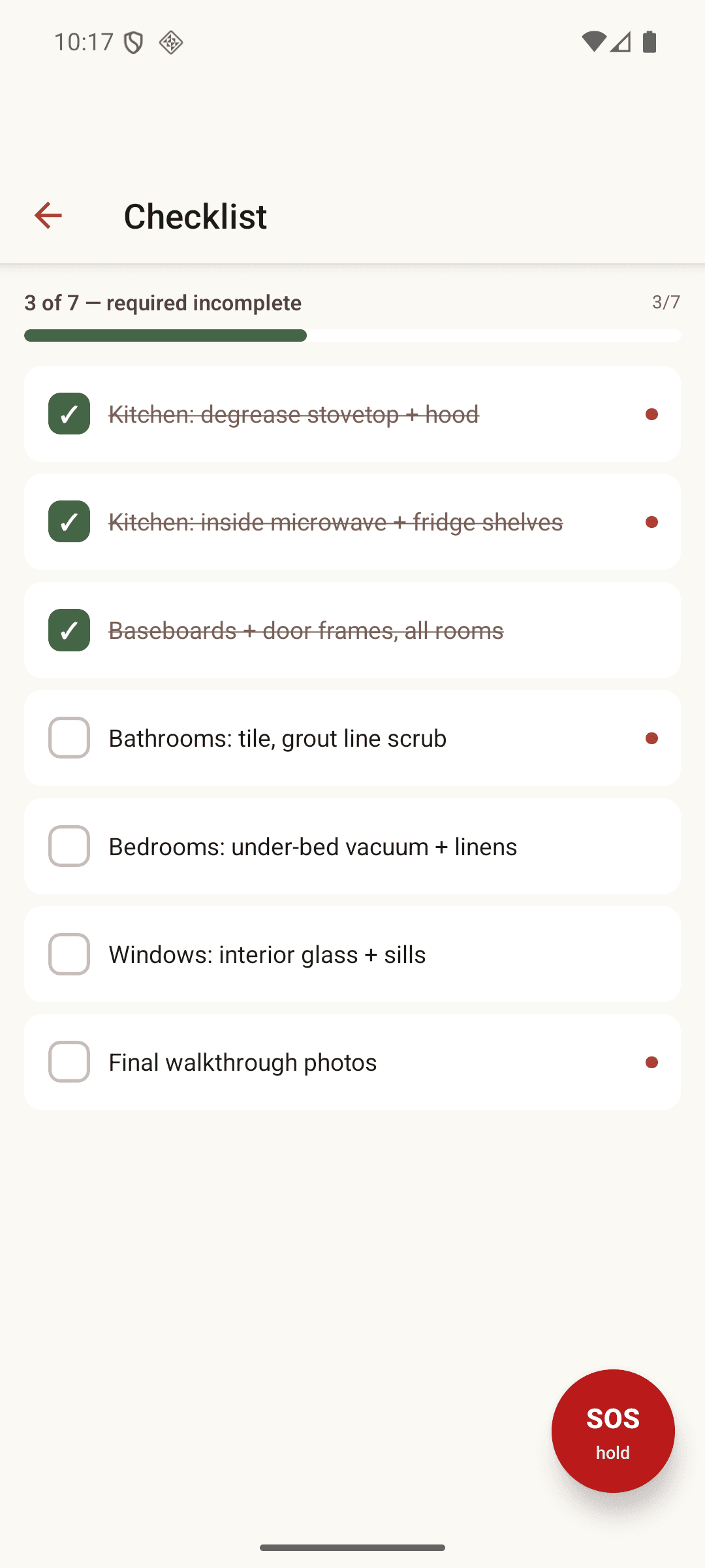 Cleaner app checklist mid-job: three of seven tasks checked off with required items marked