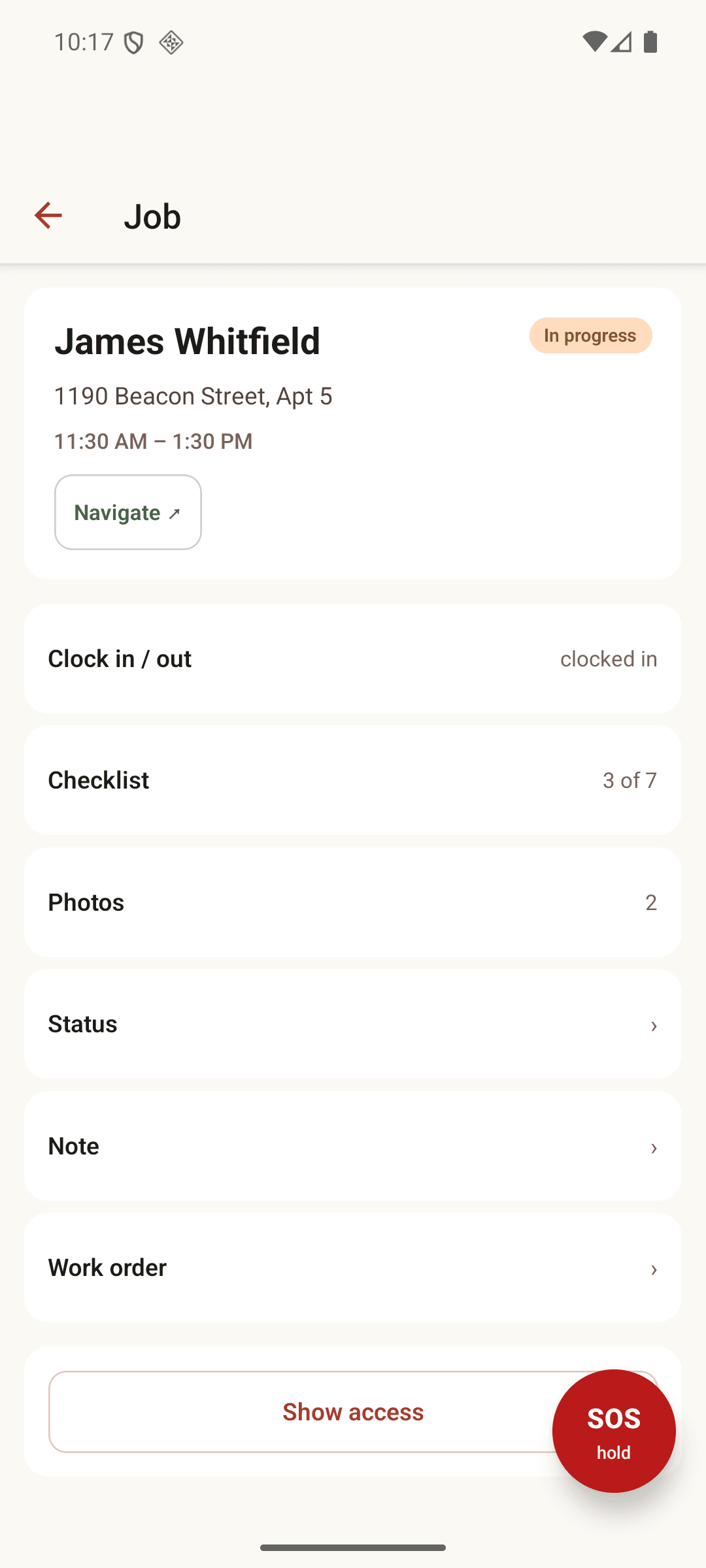 Cleaner app job screen showing clocked in, checklist progress, photos, and a work order