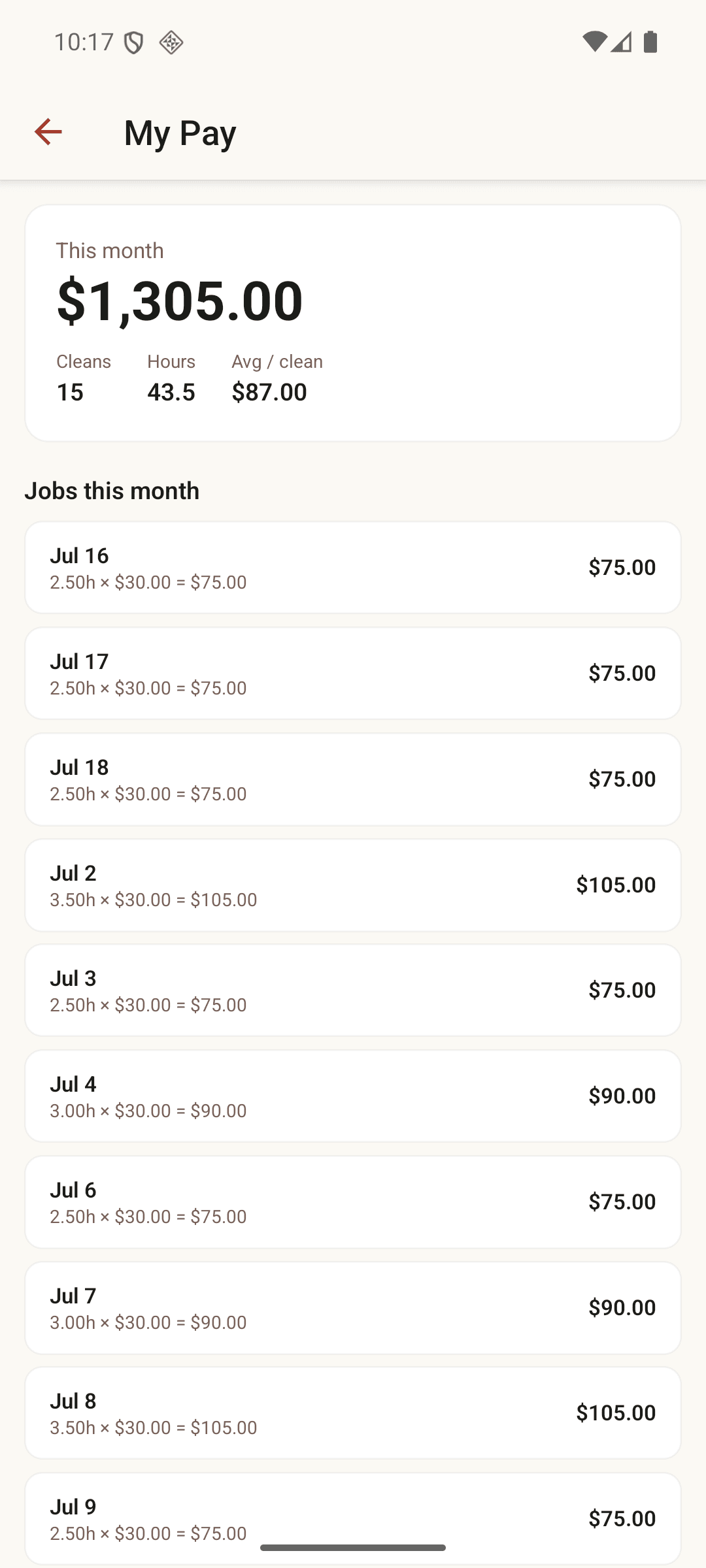 Cleaner app My Pay screen showing month-to-date pay, cleans, hours, and per-job earnings