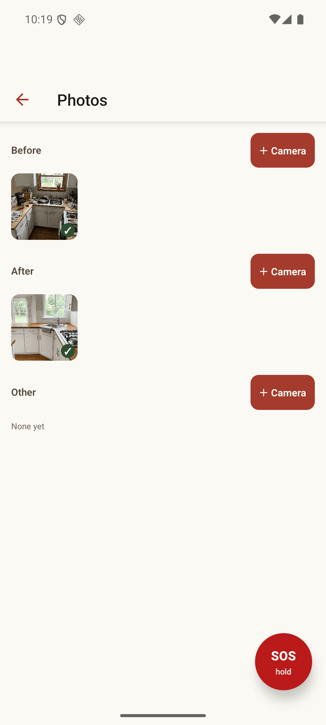 Cleaner app photos screen with before and after photos of a cleaned kitchen