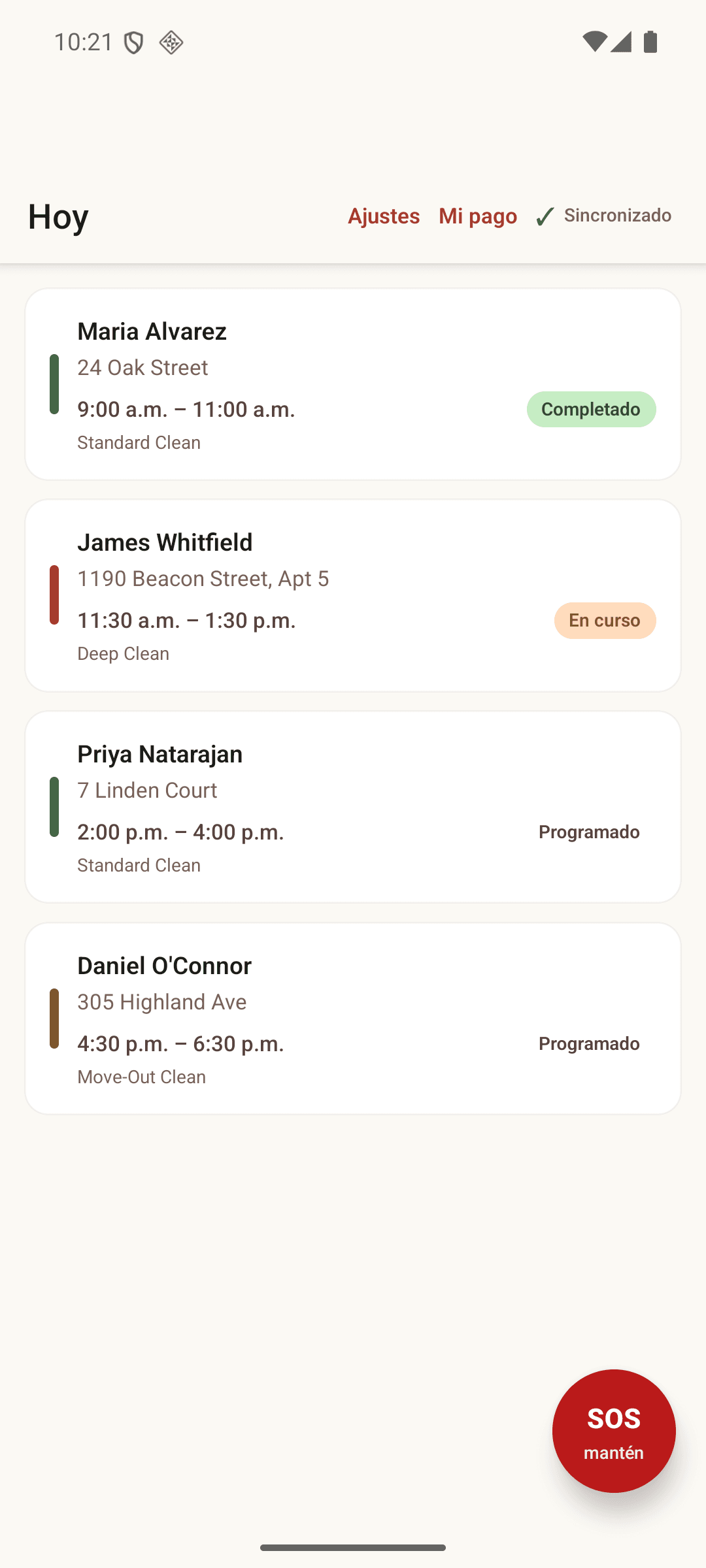 Cleaner app Today screen in Spanish showing the same day of jobs, fully translated