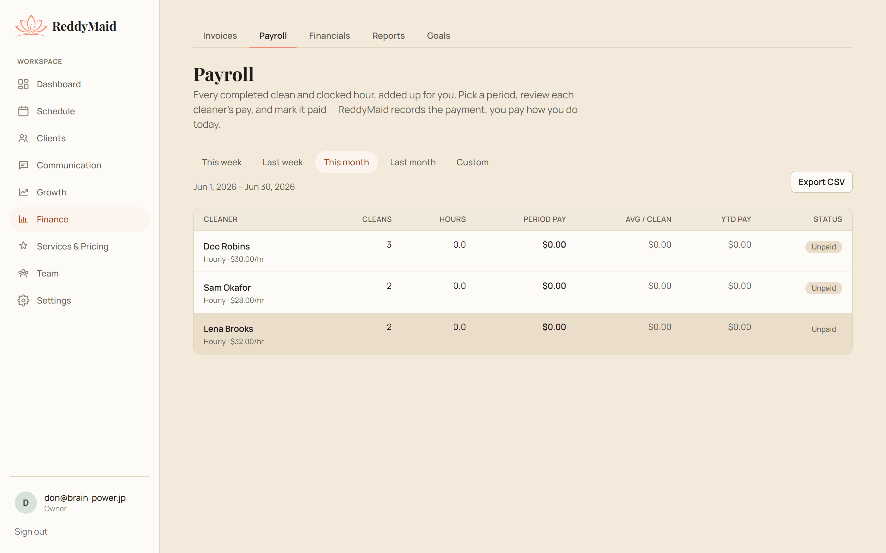 ReddyMaid payroll computed from finished jobs