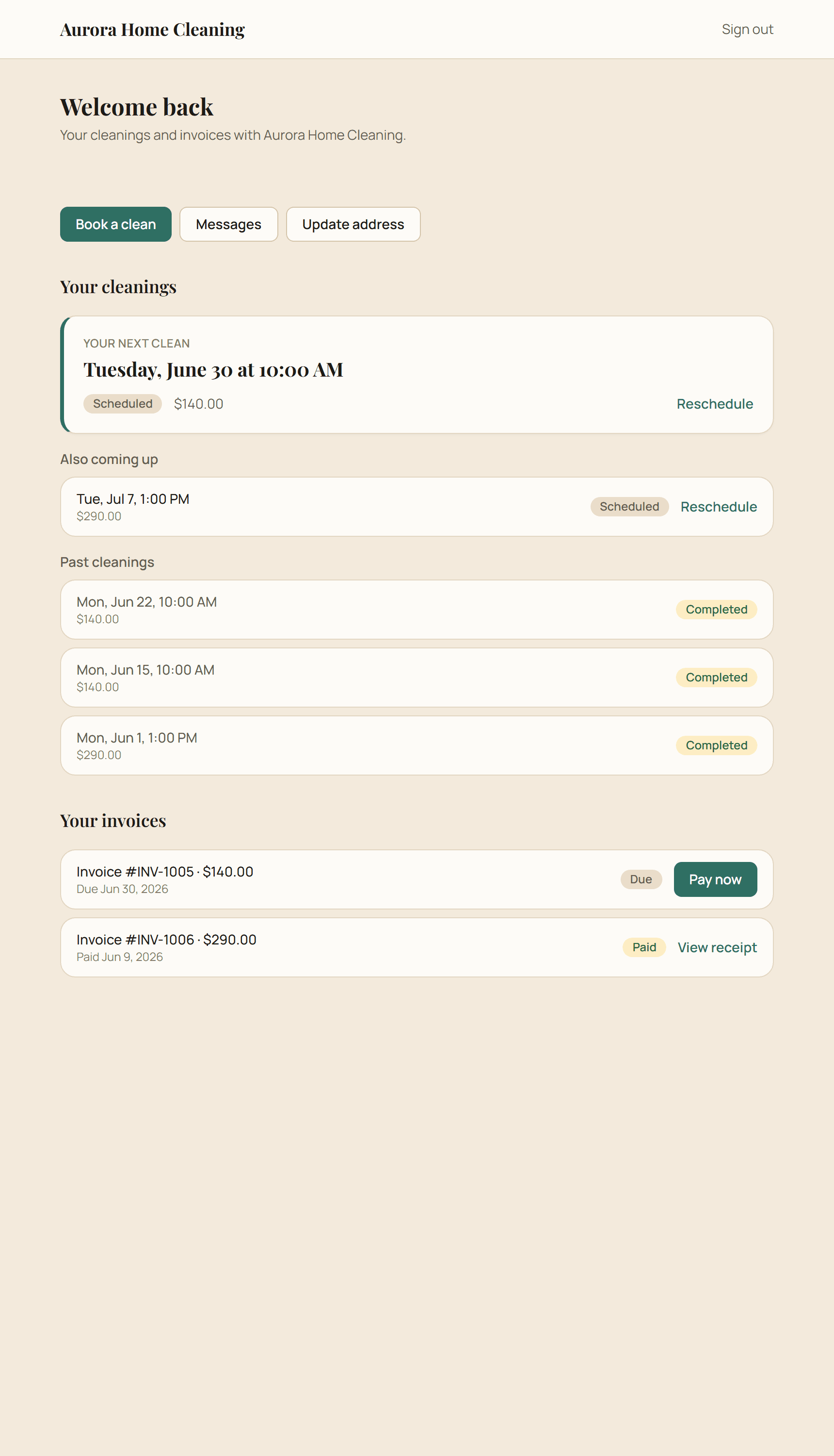 Branded customer portal dashboard showing the next clean, upcoming visits and payable invoices