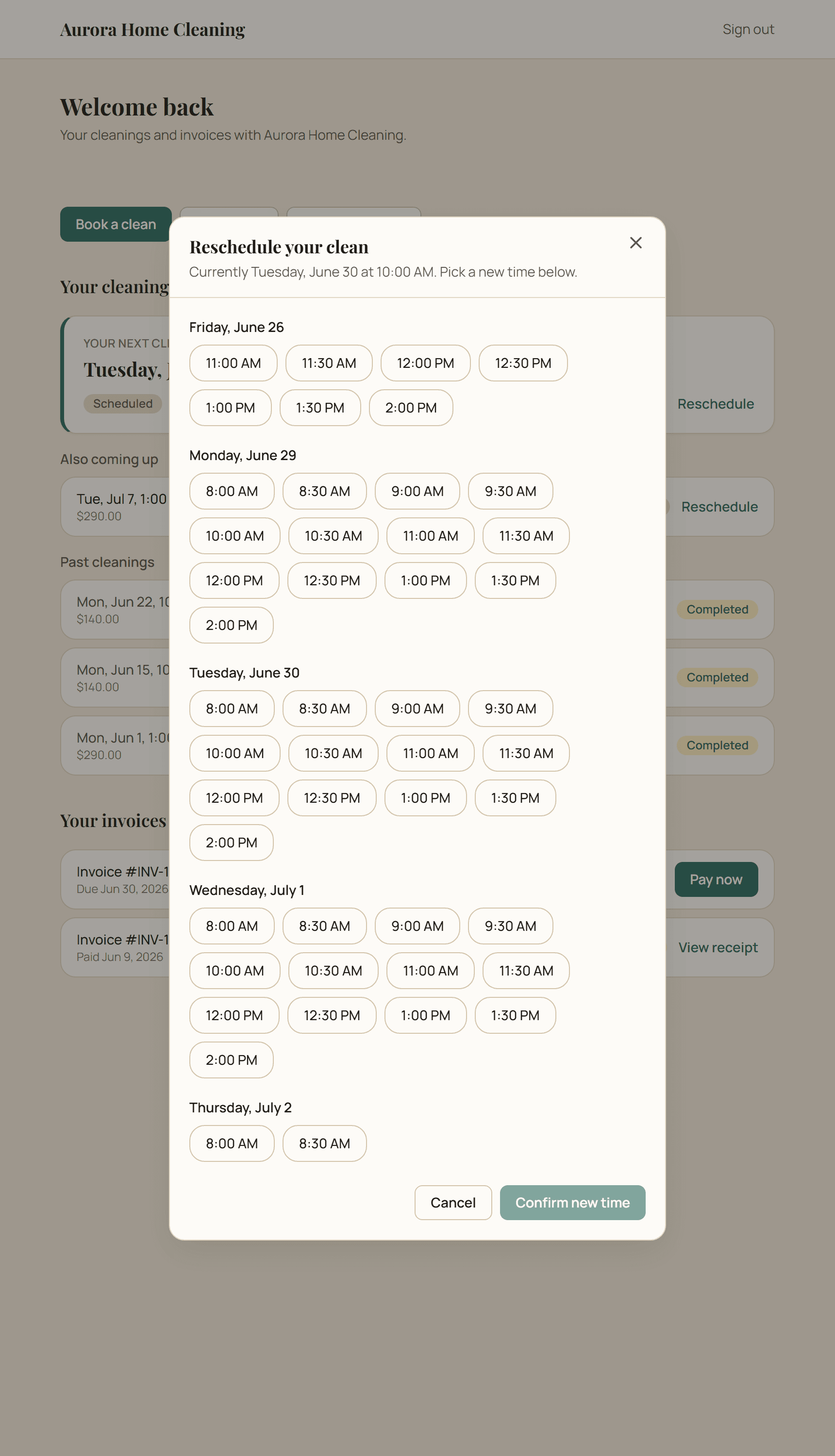 Customer portal reschedule screen offering open time slots within the allowed window