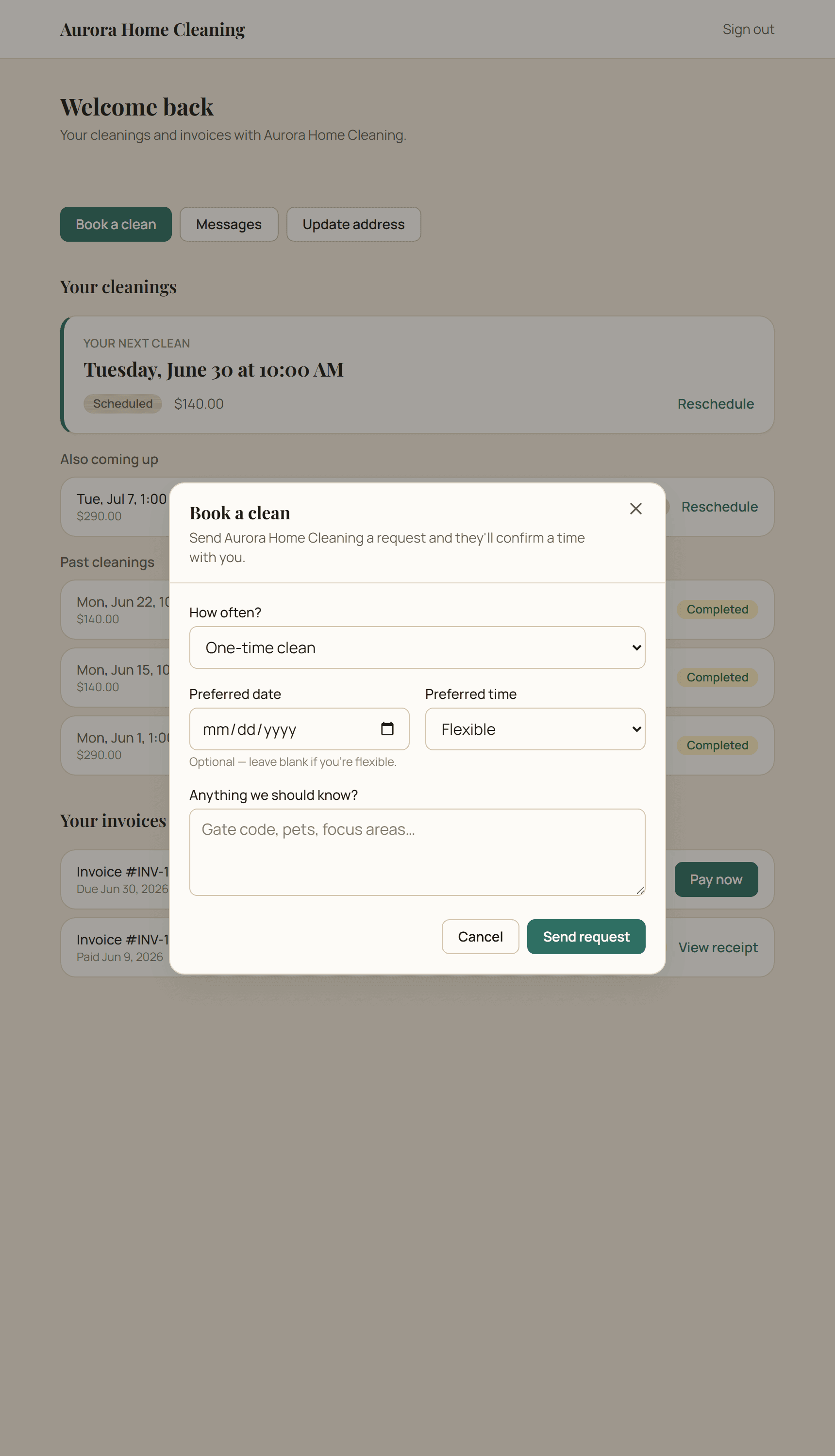 Customer portal screen to request another cleaning