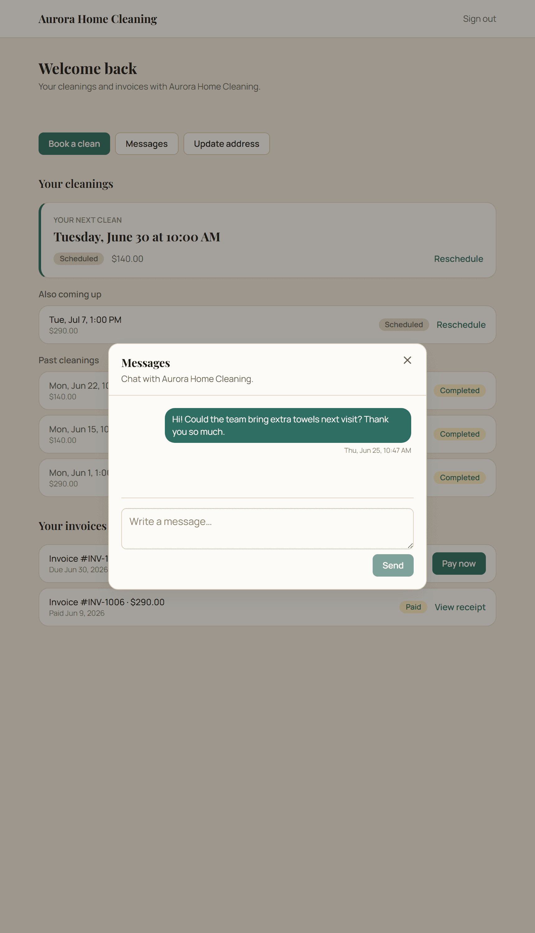 Customer portal two-way messaging thread with the cleaning company