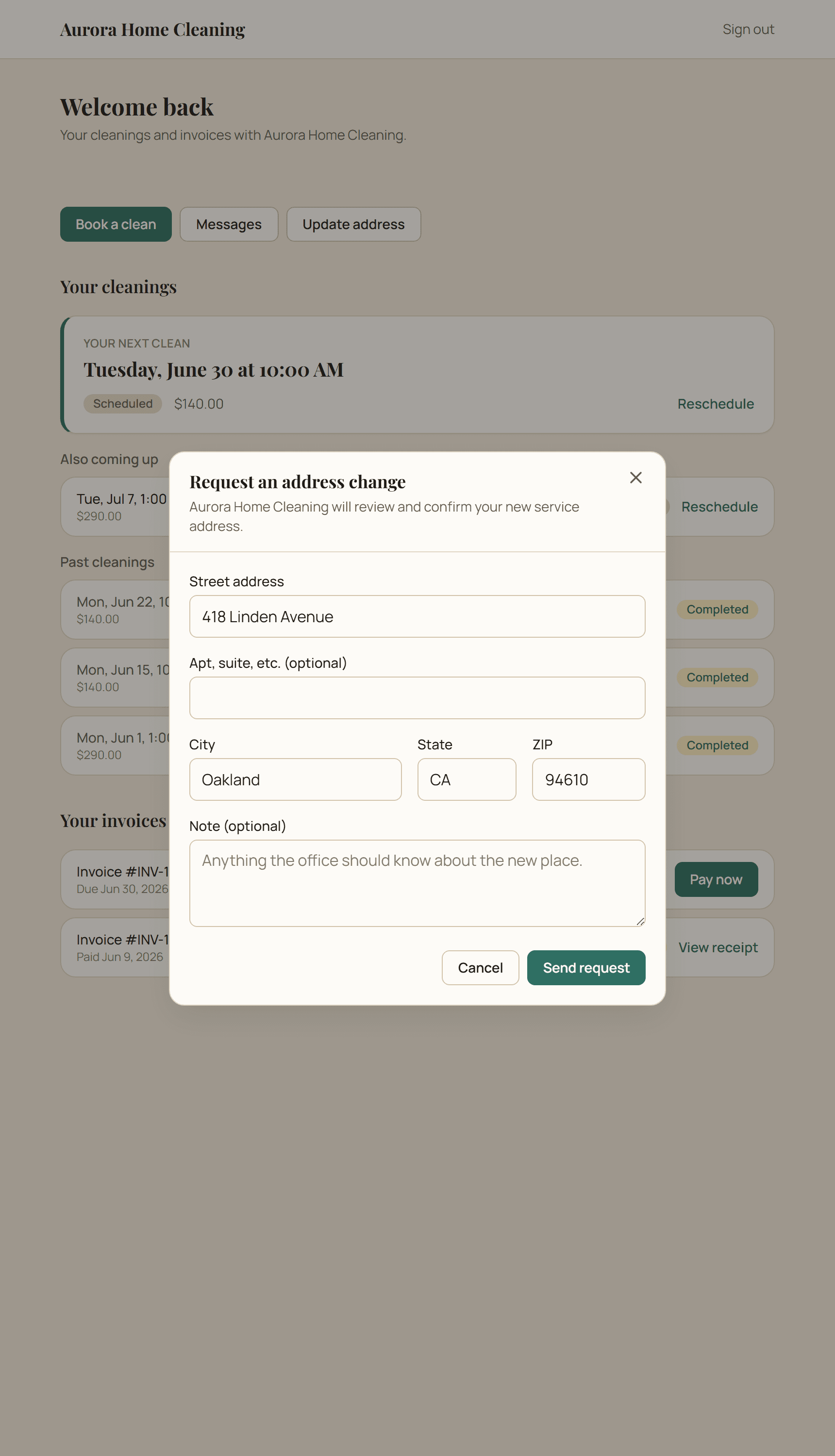 Customer portal screen where a client updates their service address