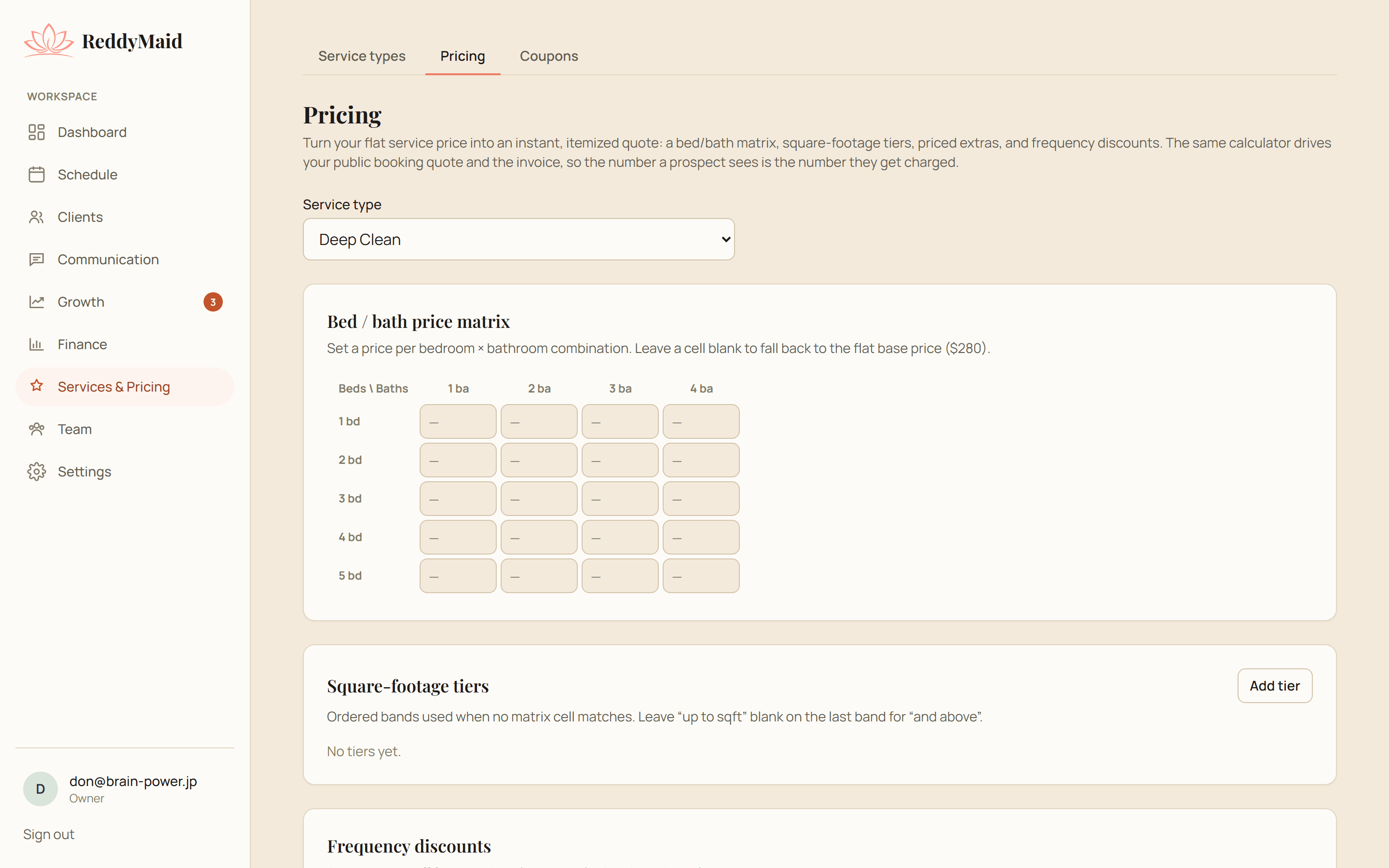 ReddyMaid pricing engine with a bed/bath matrix and priced extras