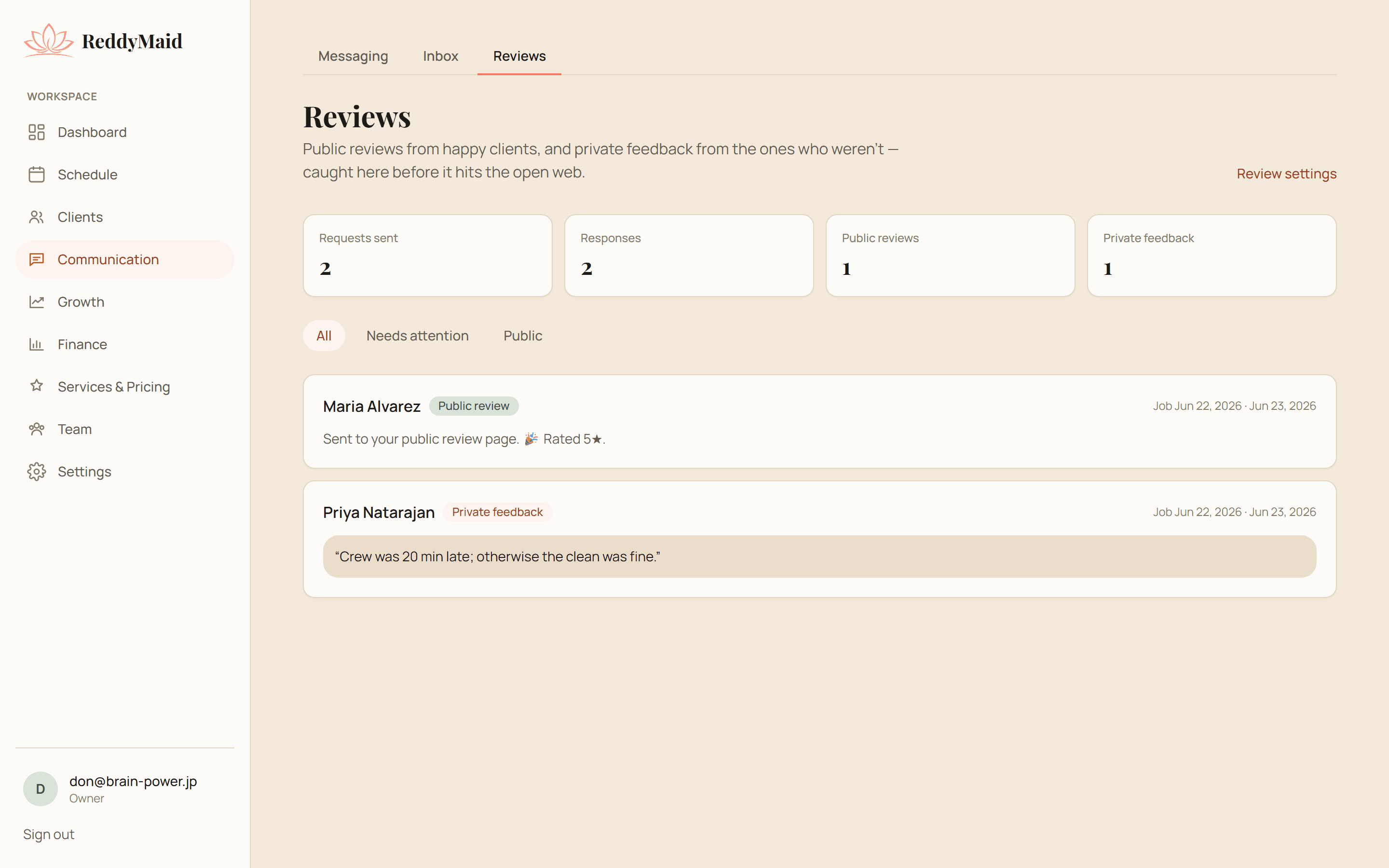 ReddyMaid review routing: happy public, unhappy private