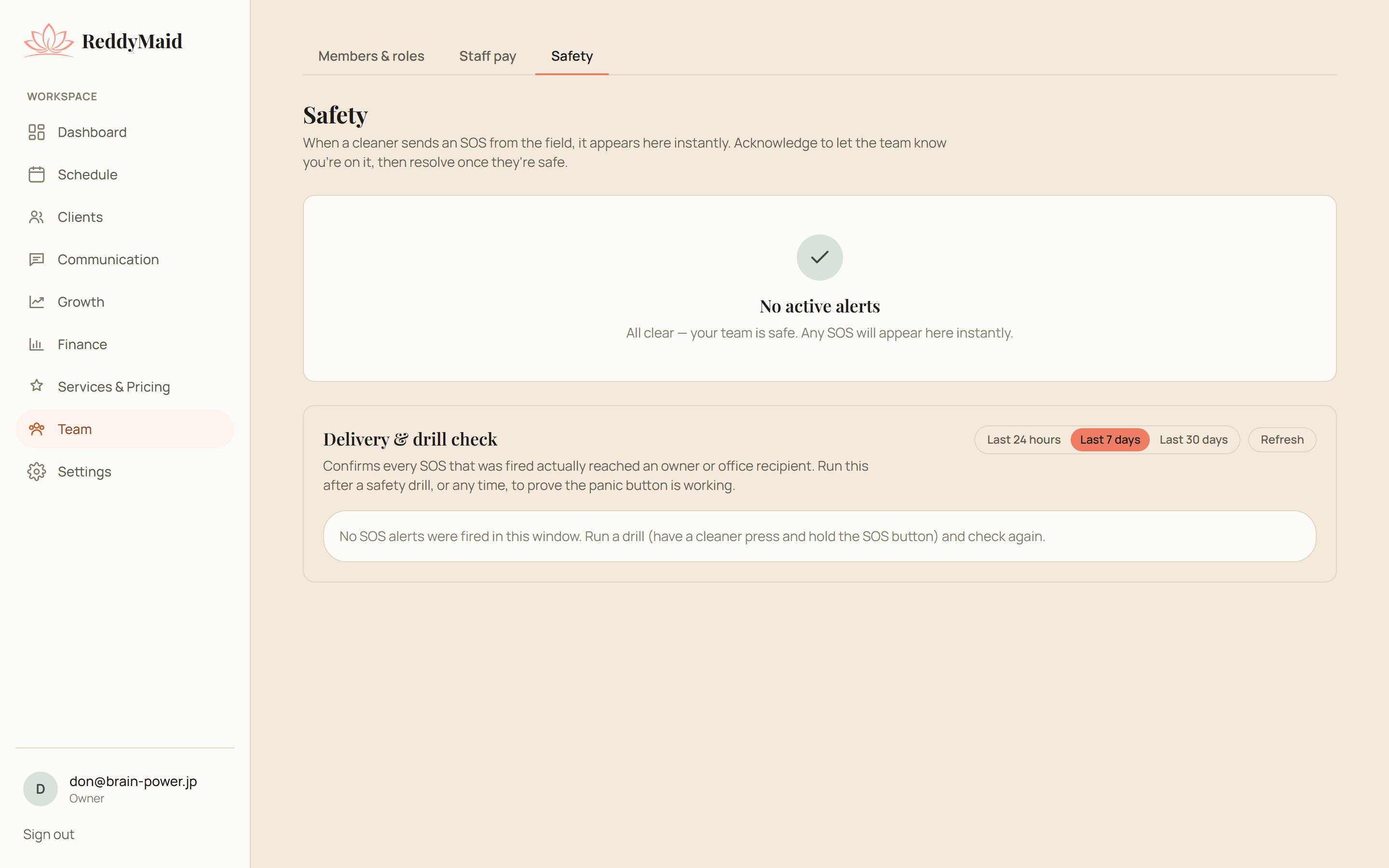 ReddyMaid live safety dashboard showing an active SOS alert