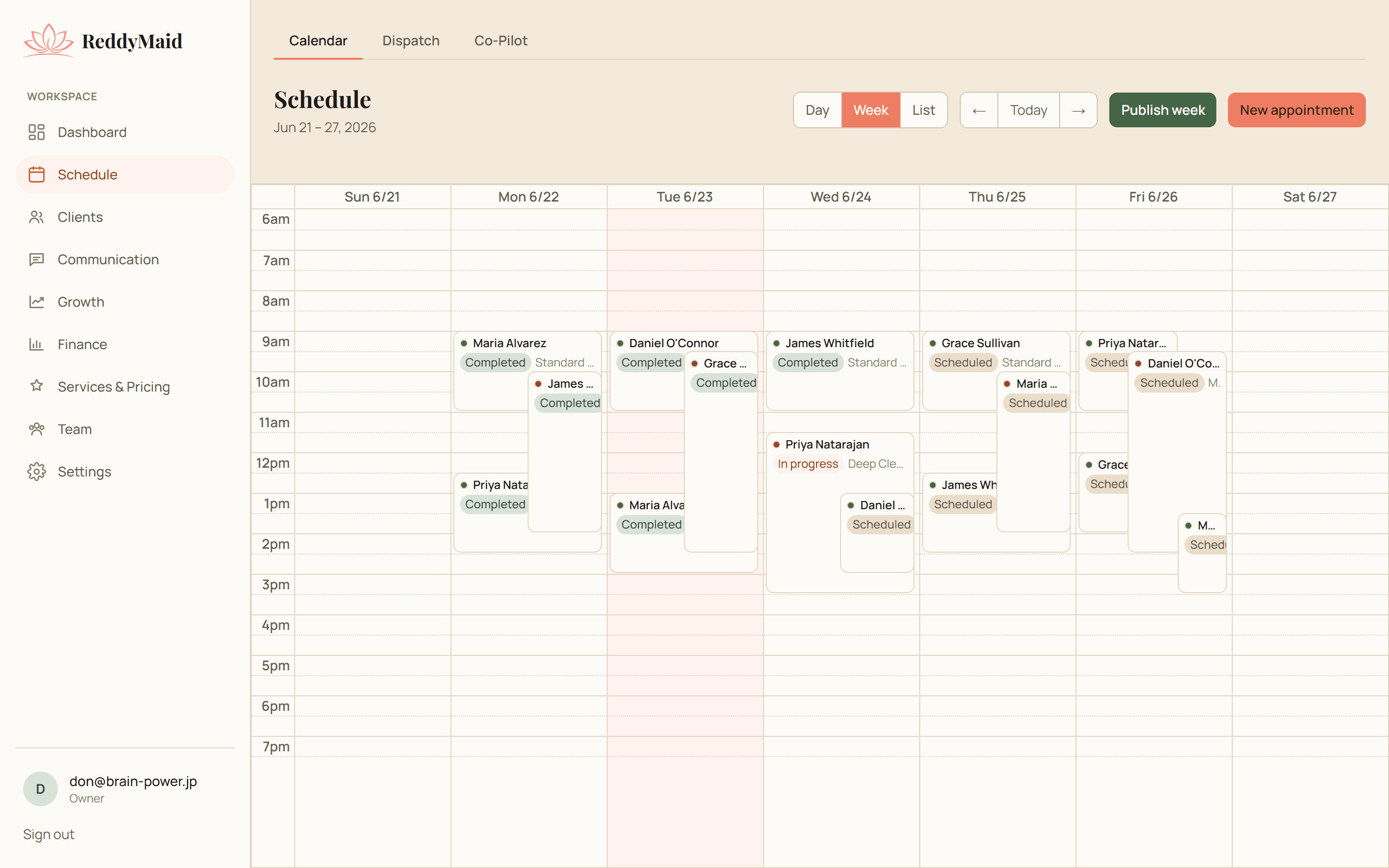 ReddyMaid scheduling calendar showing a full week of assigned jobs