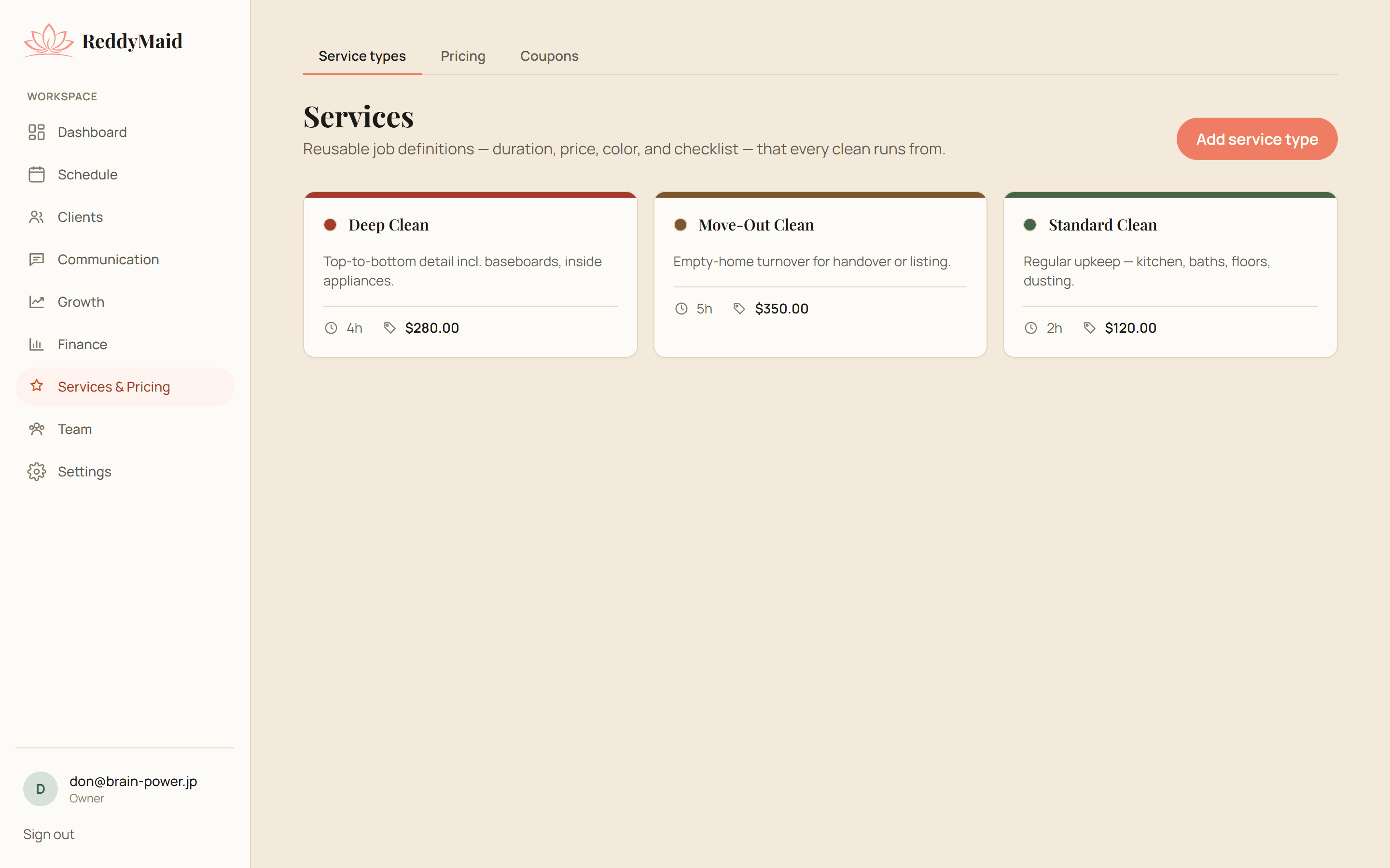 ReddyMaid service types and checklist builder