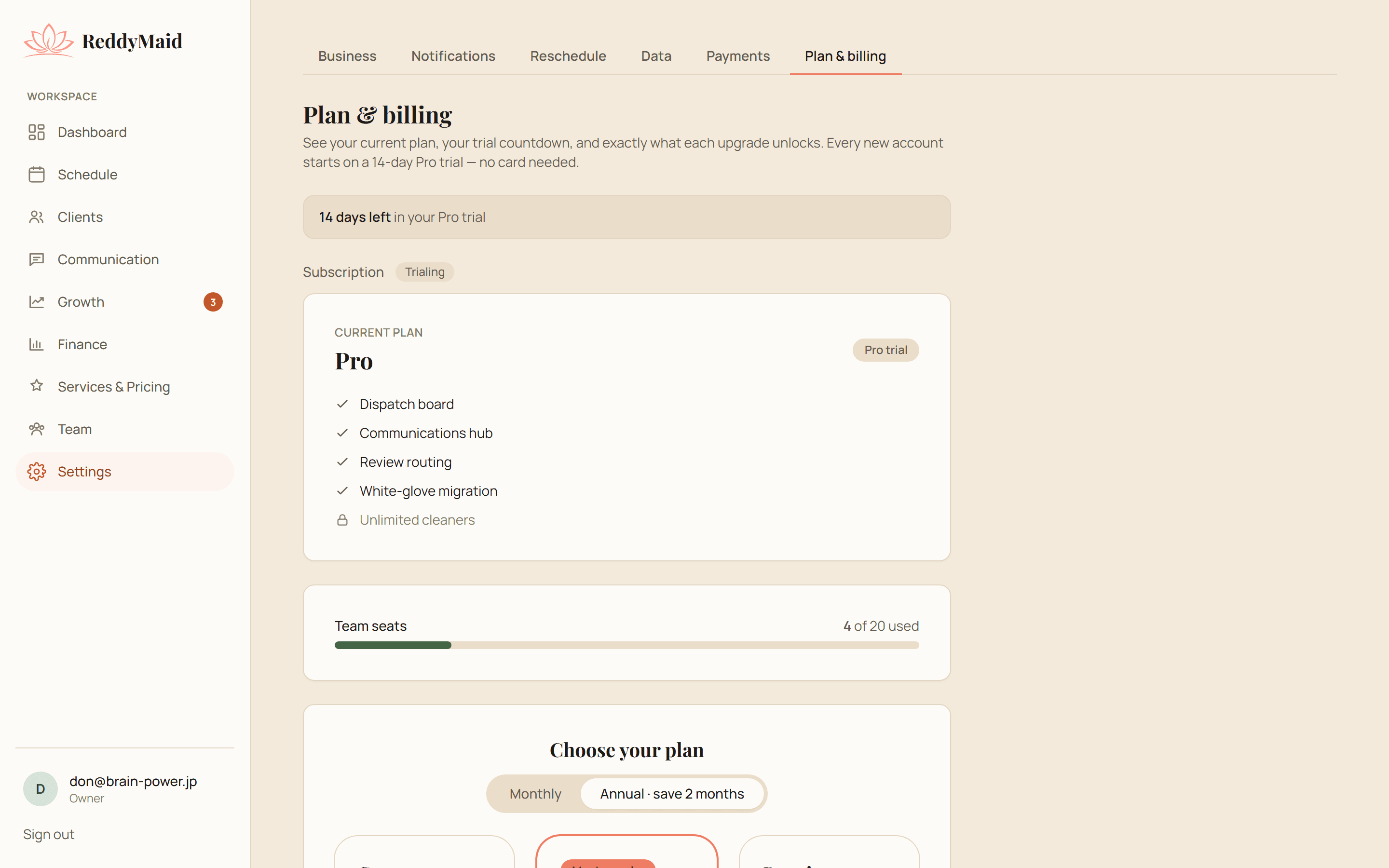 ReddyMaid plan and billing with usage and invoices