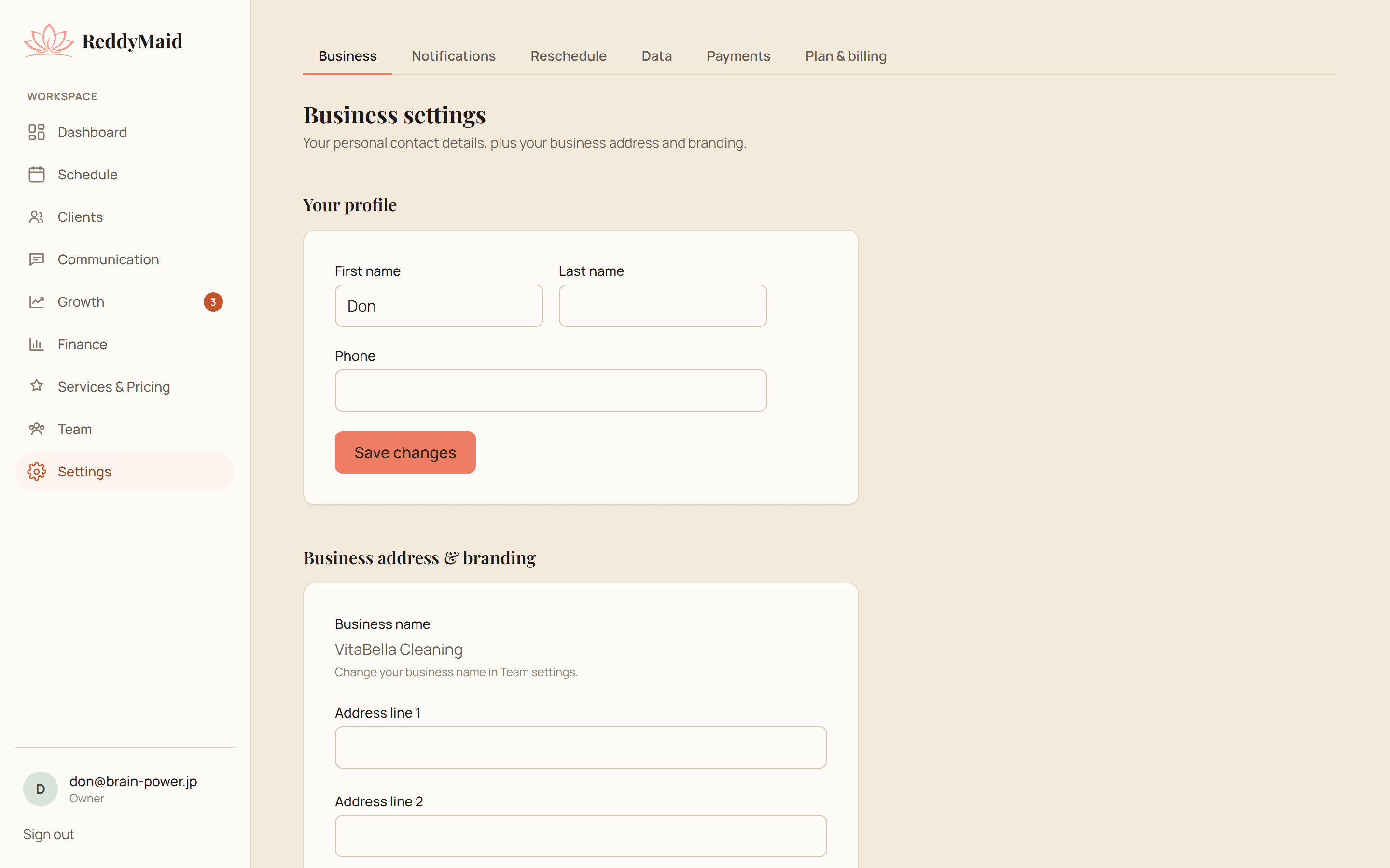 ReddyMaid business profile and branding settings