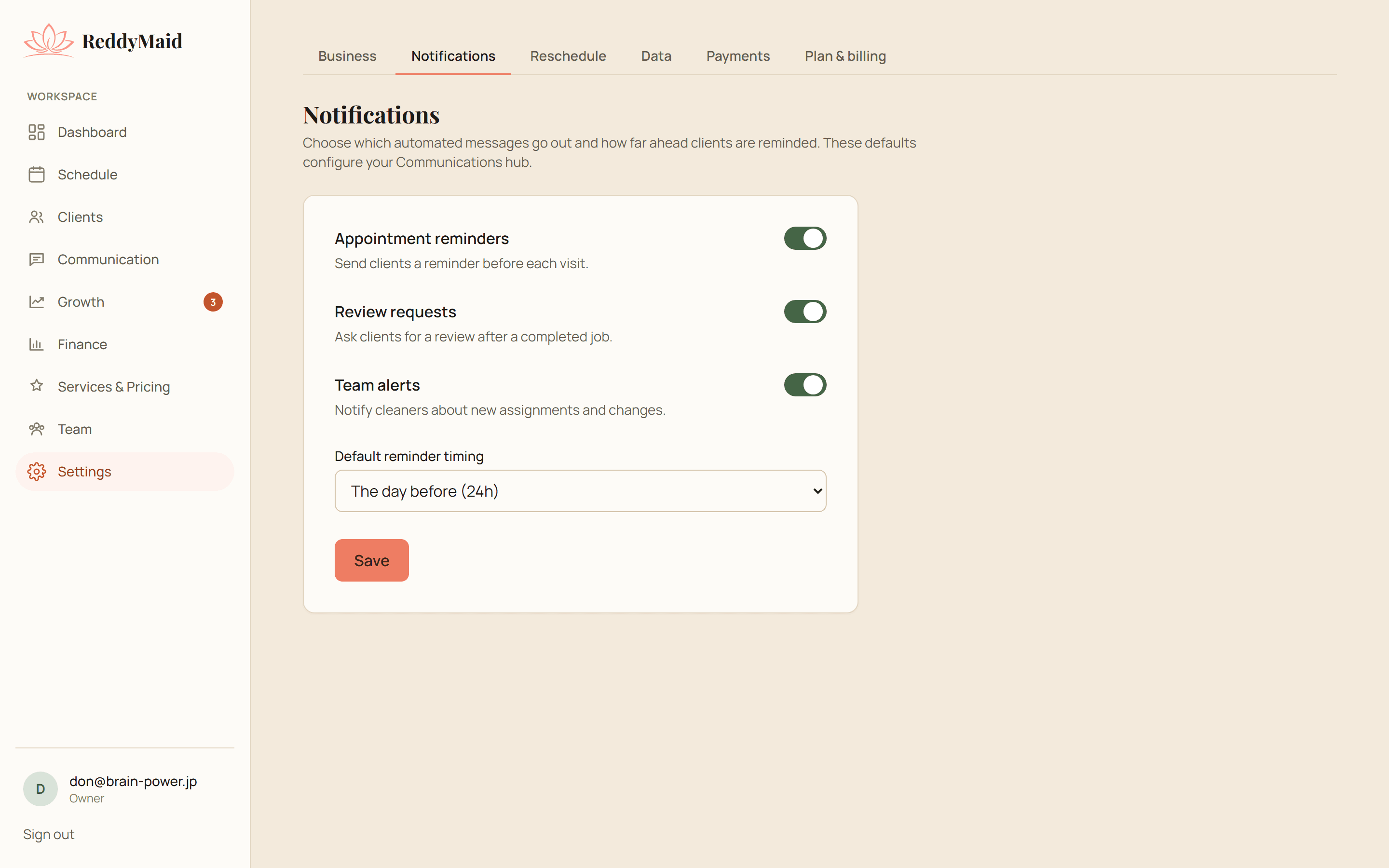 ReddyMaid notification preferences