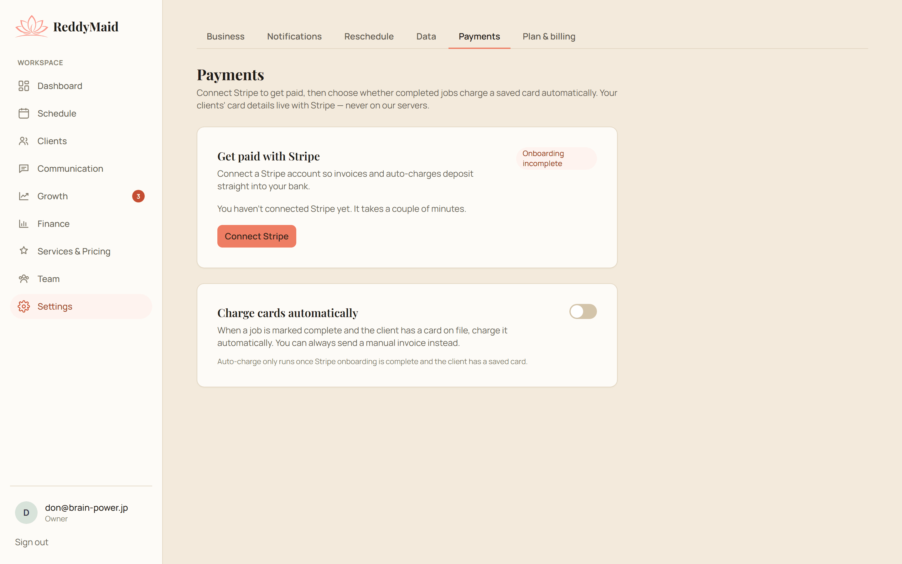 ReddyMaid Stripe payments setup
