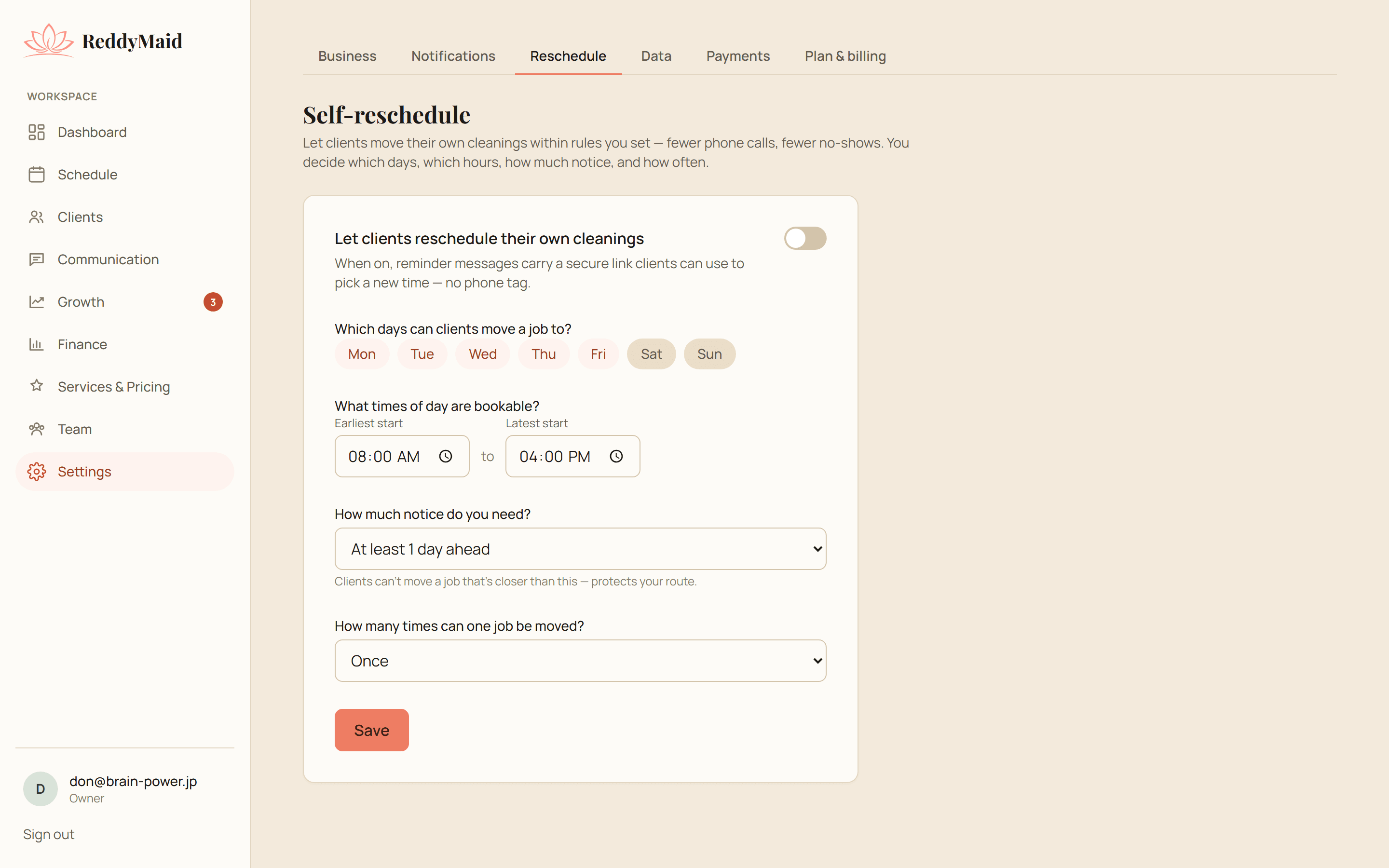 ReddyMaid client self-reschedule window settings